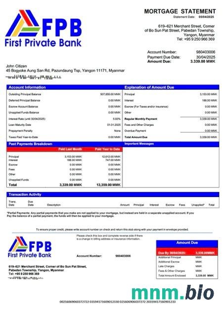 Myanmar First Private Bank wyciąg z kredytu hipotecznego szablon Word i PDF